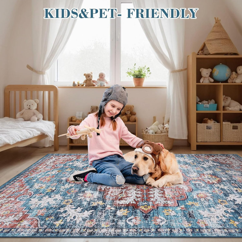Thin Washable Rug Non-Slip Non-Shedding Vintage Hallway Runner Stain-Resistant Indoor Entryway, Rectangle 10' x 13'