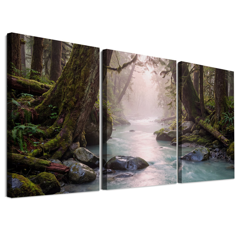 Ensemble d'art mural sur toile Mossy Forest Stream, H 24 po x l 16 po x 3 pièces