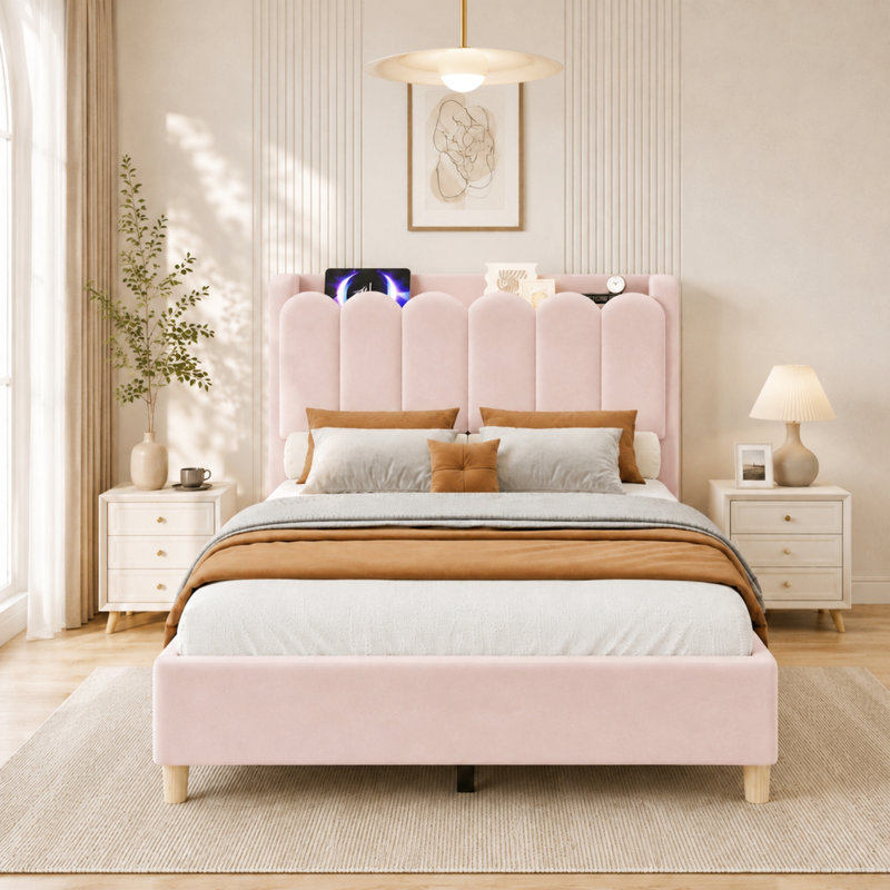 Upholstered Single (3') Velvet Bed, Pink