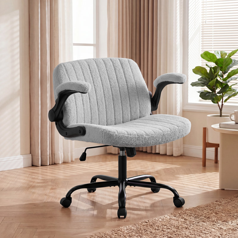 Ribbed Fabric Swivel Home Office Chair with Armrests, Adjustable Height Vanity Chair with Wheels, Gray