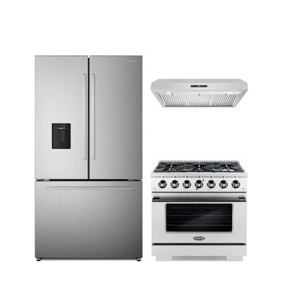 Cosmo 3 Piece Kitchen Appliance Package with French Door Refrigerator , 36'' Gas Freestanding Range , and Under Cabinet Range Hood -  COS-4PKG-1193