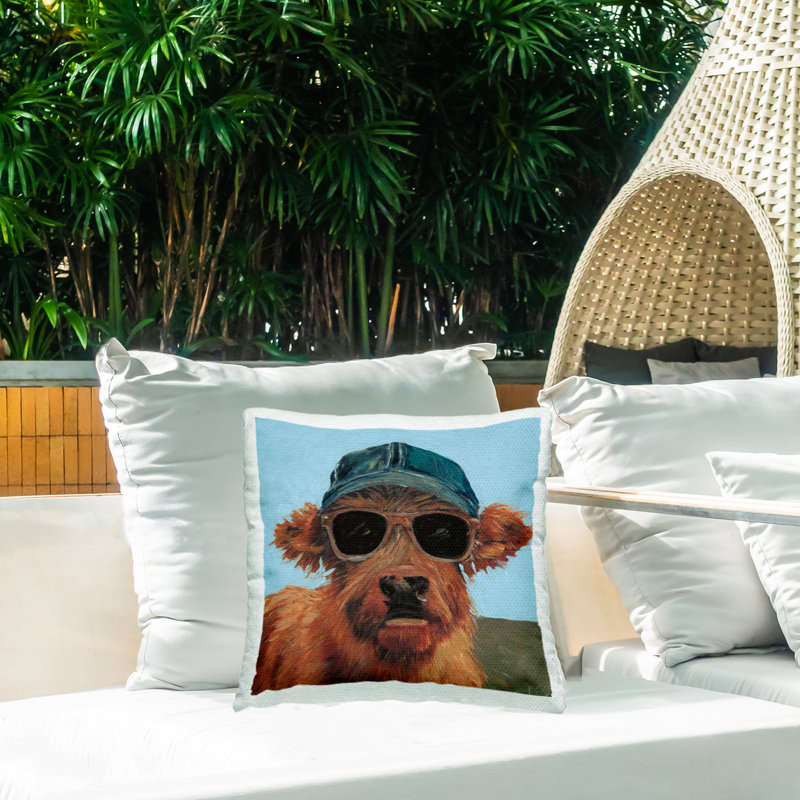 Cow in Baseball Cap Outdoor Printed Pillow design by Wani Pasion, Blue Cow