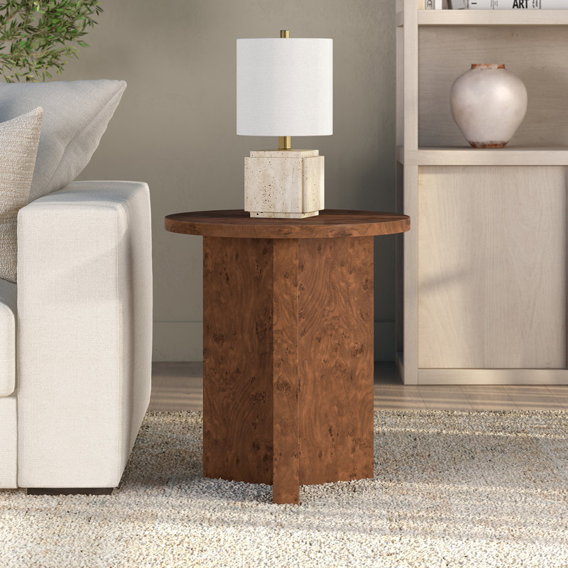 Potbelly 20" Round Side Table with Cross Base in Walnut Burl | Mid-Century Modern Accent Table for Living Room or Bedroom