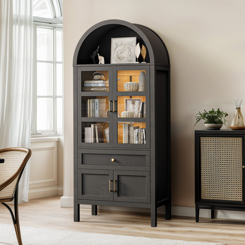 71'' Tall Arched China Cabinet with Wireless Smart Lights, Adjustable Shelves, Tempered Glass Doors, Drawer, Kitchen Pantry Cabinet