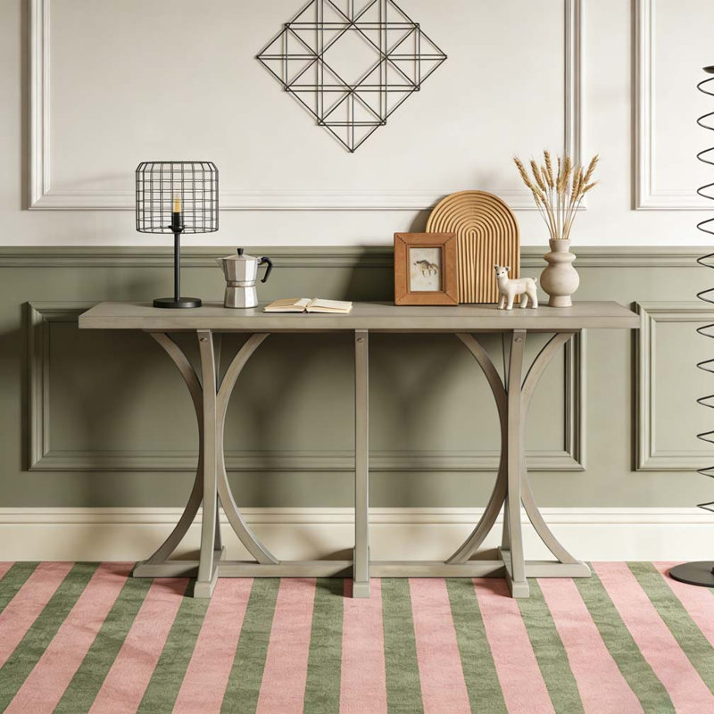 Wooden Console Table Oak Veneer Slender Curved Legs Farmhouse Entryway Table, Gray