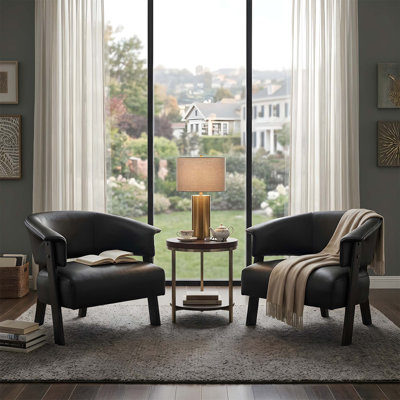 Ensemble de fauteuils d'appoint à oreilles en similicuir pour 2 personnes, fauteuil rembourré à dossier enveloppant, accoudoirs à oreilles confortables en tissu avec pieds en bois massif, canapé-lit simple pour le salon de la chambre à coucher