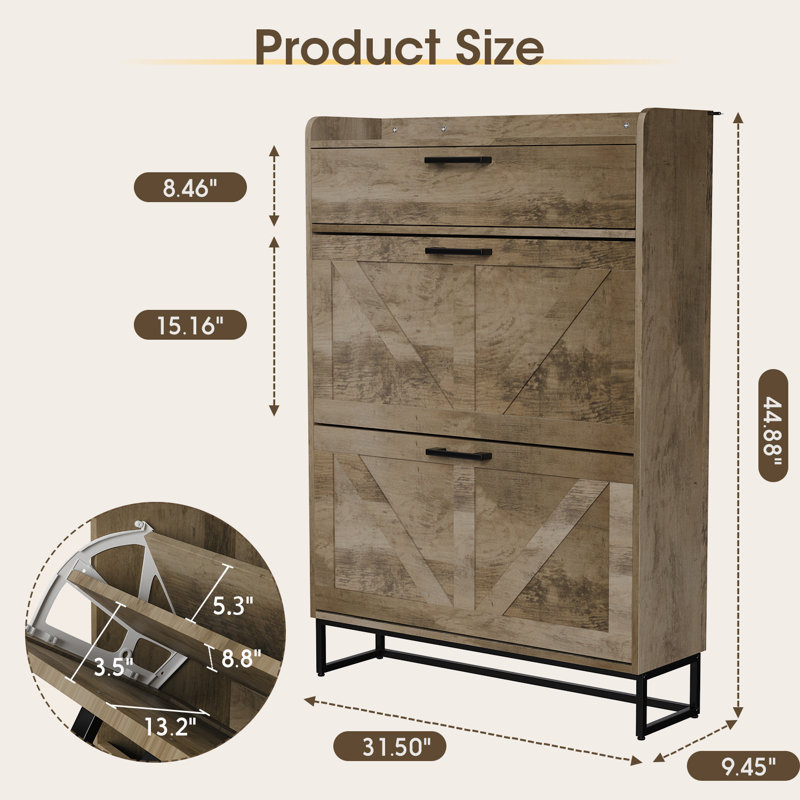 Freestanding Shoe Storage Cabinet for Entryway – 44.9" H x 31.5" W with 3 Flip Drawers, Hidden Shoe Rack Organizer, Side Hooks, and Dust-Proof Back Panel – Ideal for Foyer or Hallway, Oak Grey