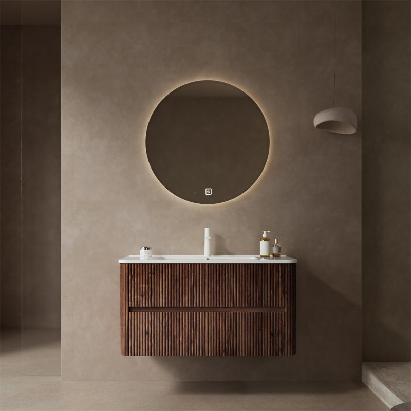 36" White and Deep Walnut Wall-Mounted Plywood Bathroom Vanity with Sink
