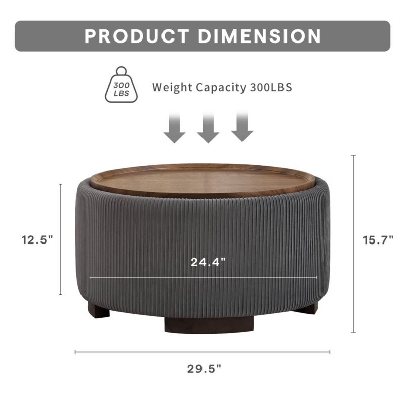 29.5 Inch Round Storage Ottoman Coffee Table,Modern Circle Coffee Table With Storage With Removable Lid Top And Solid Wood Legs,Large Round Ottoman For Bedroom,Living Room