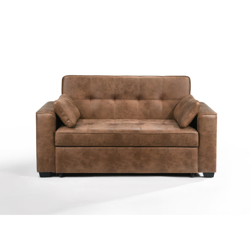 Kridia 77'' Faux Leather Reclining Sleeper Sofa, Cognac Faux leather, Full