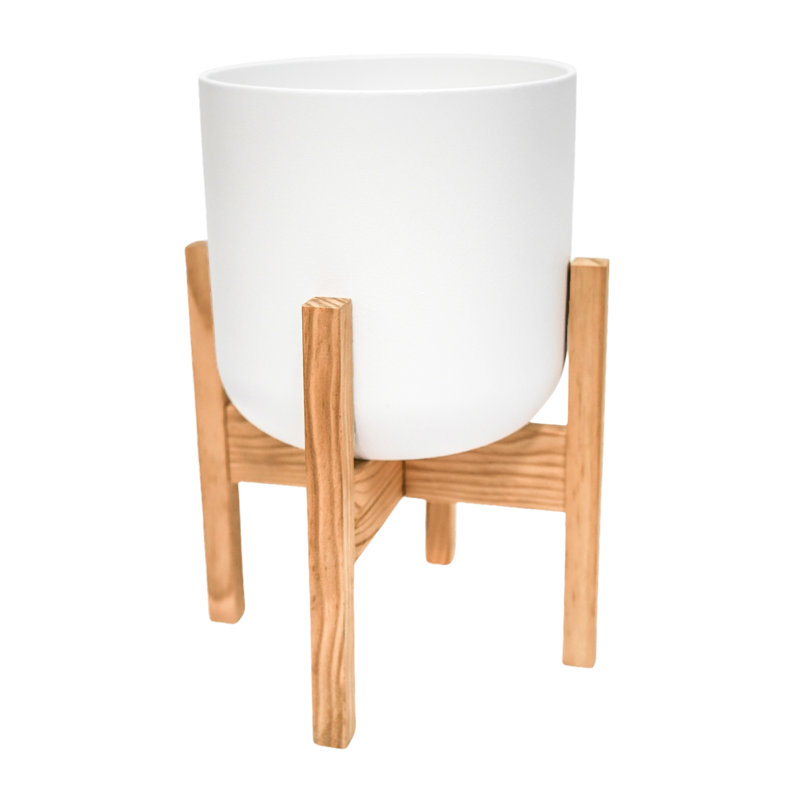 Lisbon Indoor Plant Pot with Wooden Stand, White, 34.5cm H x 20.5cm W x 20.5cm D
