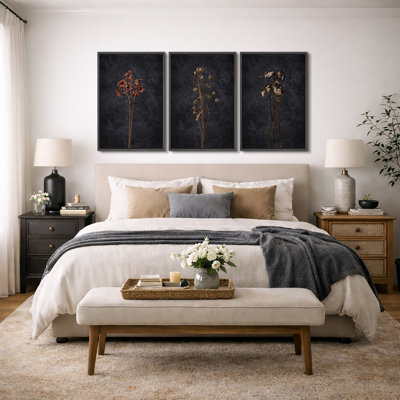 Minimal Botanical "Moody Dark Dried Wildflowers Artwork, Vintage Academia Floral Wall Pictures, Framed Canvas Giclée Print 3 Pieces Wall Art" 16"x24"x3 pcs, 24"x36"x3 pcs