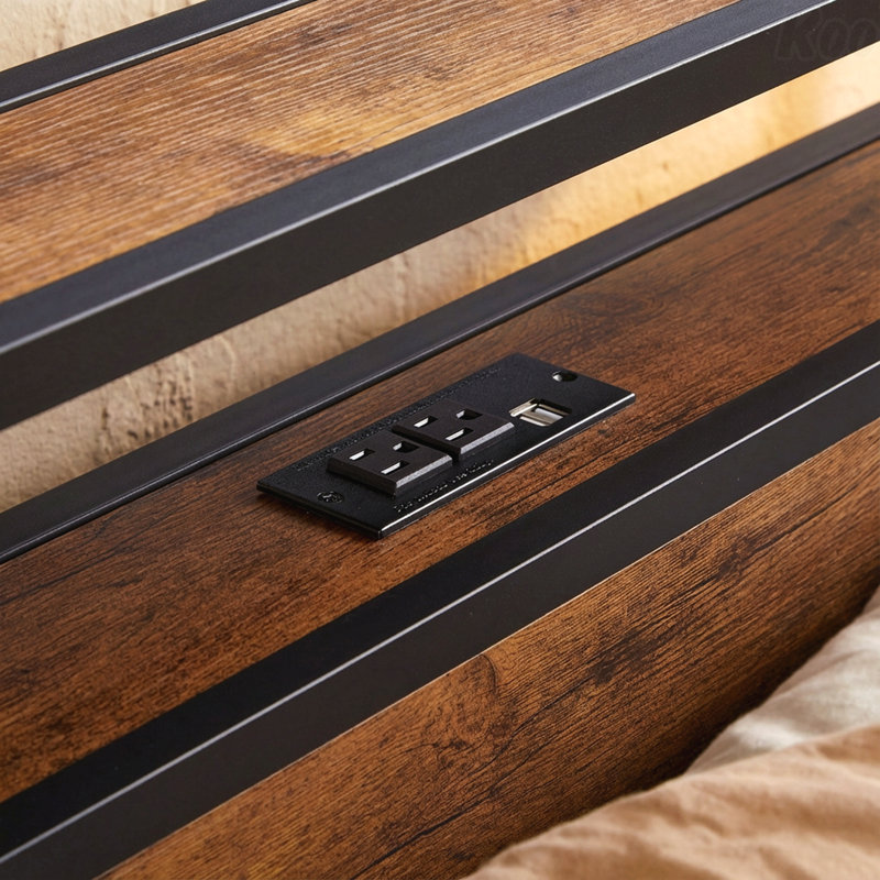 Structure de lit plateforme simple en métal avec tête de lit en bois, lumières DEL et chargement USB, aucun sommier nécessaire