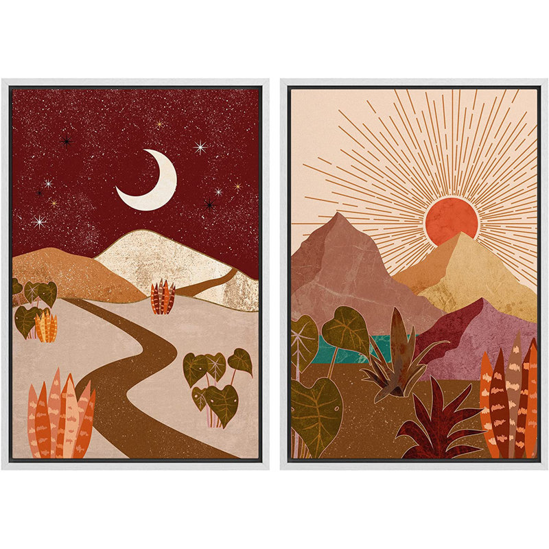 Sun and Moon Abstract Botanical Landscape Canvas Print Set with White Frame