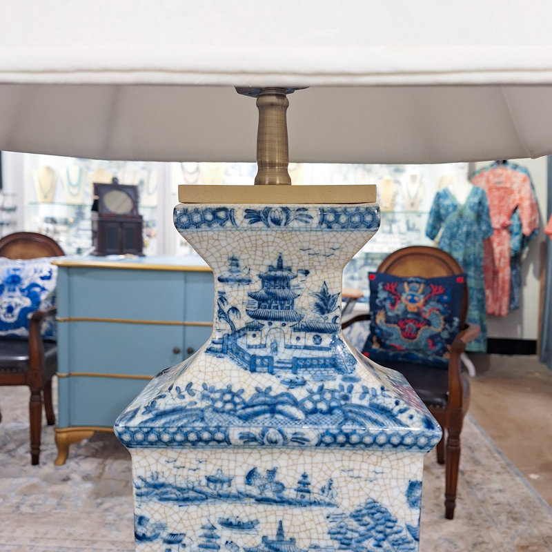 Blue Willow Hand Painted Porcelain Table Lamp with Gold Wood Base
