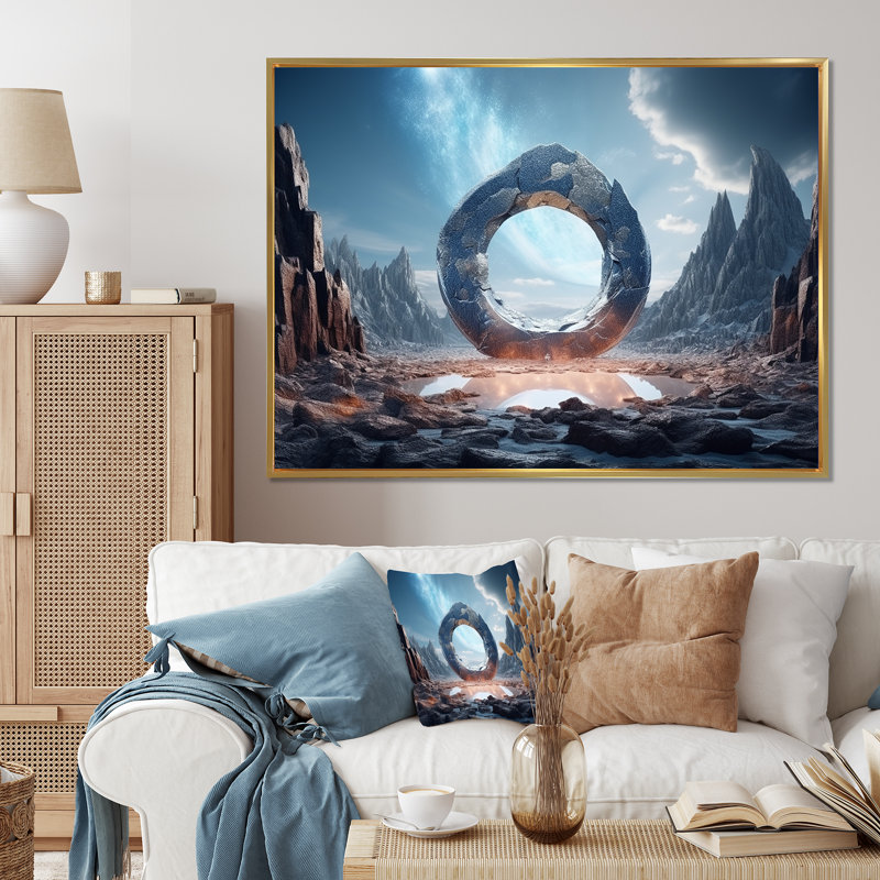 Portail surréaliste galaxie paysage II - surréalisme, art mural, Cadre doré à coins fermés, H 34 po x l 44 po x P 1,5 po