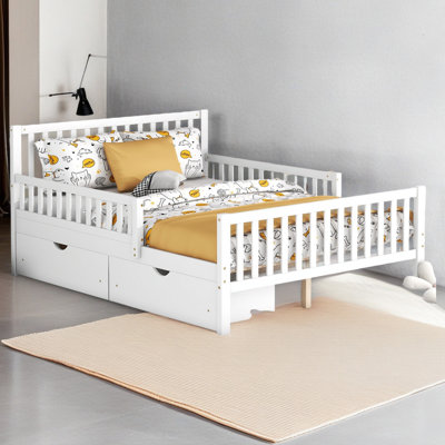 Full Size Wood Platform Bed With Guardrails On Both Sides And Two Storage Drawers