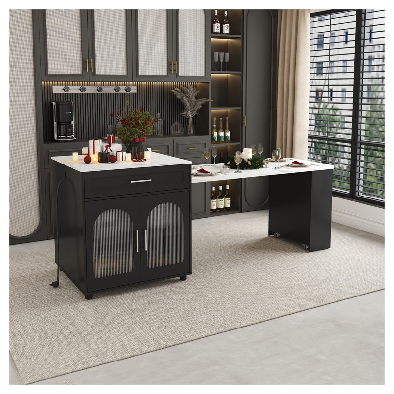 Îlot de cuisine 80 po avec table de salle à manger rétractable en noir