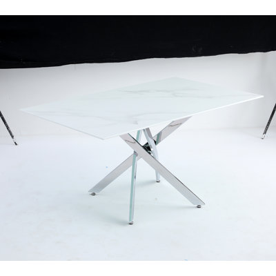 Modern rectangular tempered glass table and silver iron frame