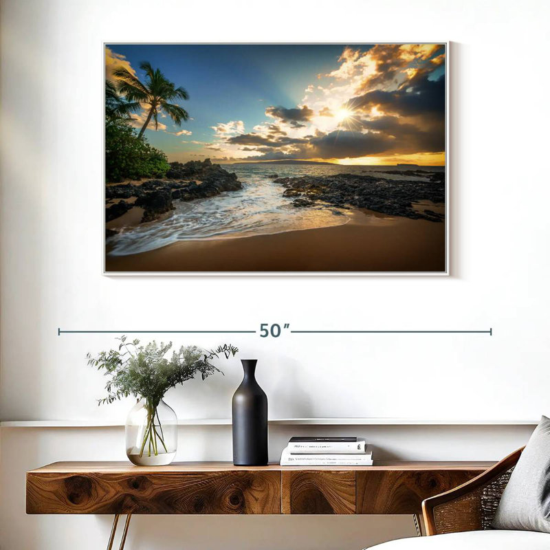 Makena Cove, ciel coucher de soleil, Cadre flottant blanc, 40 po x 27 po