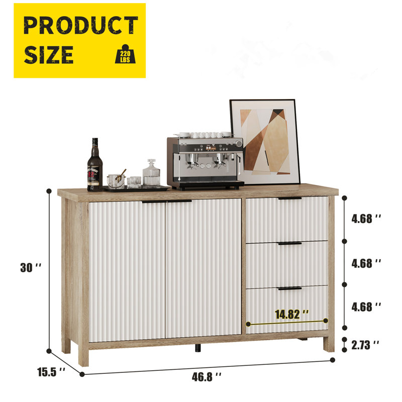 Armoire de rangement cannelée, console moderne avec 2 portes et 3 tiroirs, plateau en faux chêne pour salon / vestibule