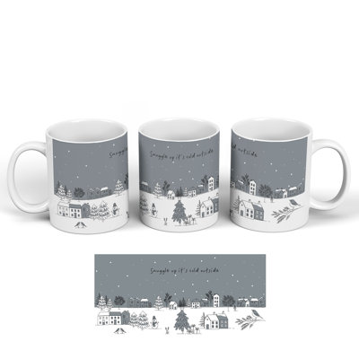Snuggle Up Festive Snowy Scene Line Illustration Monochrome Ceramic Classic Mug