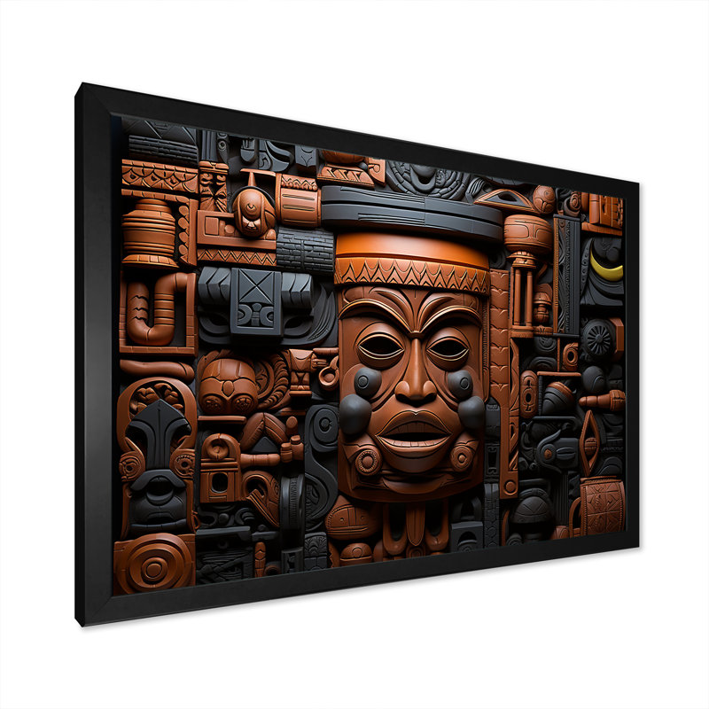 Masque africain brun et noir à motif de Kuba - Masque africain grand art mural, H 24 po x l 32 po x P 1 po