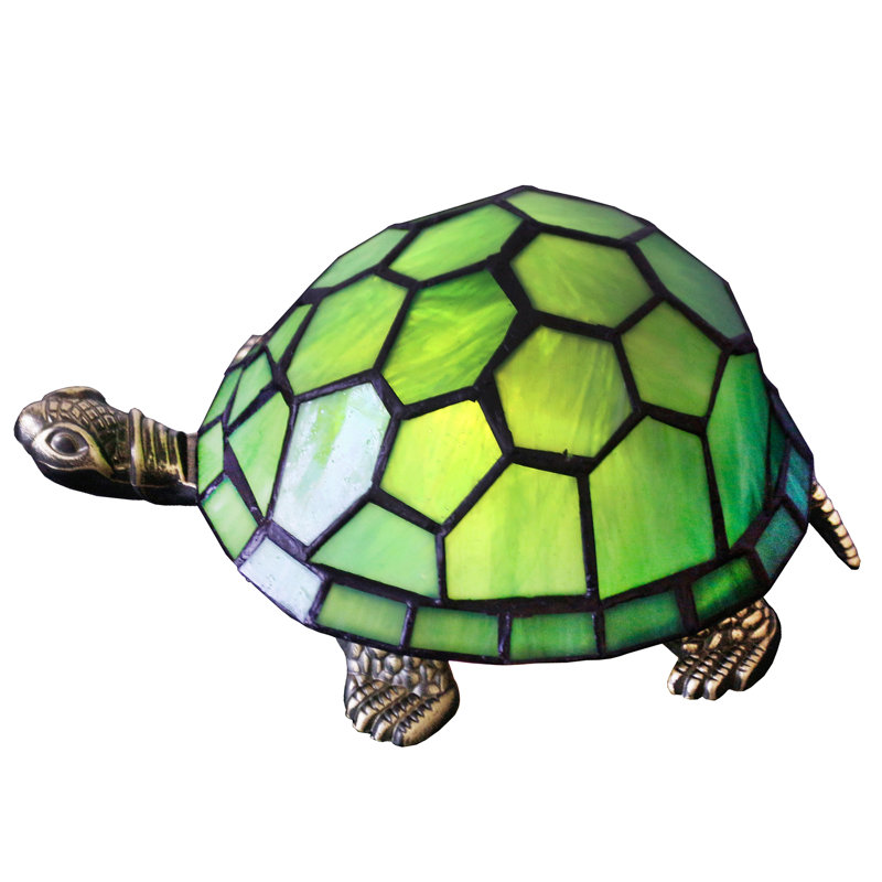 Tortoise Tiffany Style Turtle Lamp Small Bedside Cute Accent Green Stained Glass Shade Night Light, Green