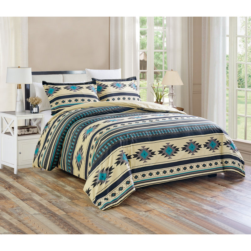 Microfiber Multicolor Southwestern Tribal Aztec Comforter Set, Full Comforter + 2 Standard Shams, Teal/Beige/Black/Gray