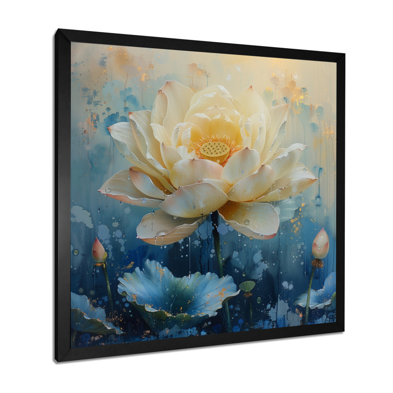 Art mural blanc et bleu lotus des rêves III - Lotus, Cadre simple noir, H 30 po x l 30 po