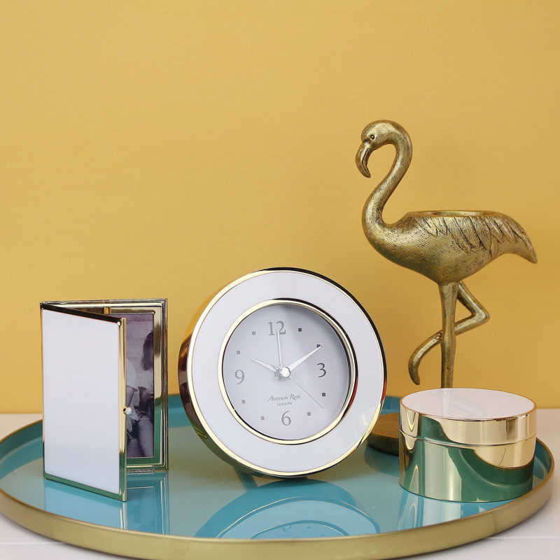 Clock, 4.45" H x 4.45" W x 2.20" D, White/Gold
