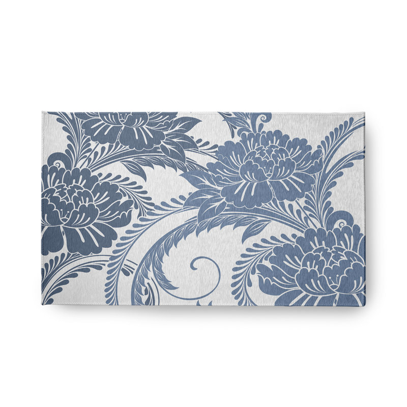 Tapis intérieur / extérieur gris / bleu en chenille tissé à la machine Ziniya, Rectangle 1 pi 6 po x 2 pi 6 po