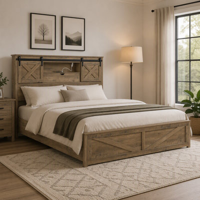 Farmhouse Bed Frame Queen Size with LED Lights and Charging Station, Wooden Queen Bed with 2 Storage Drawers, Rustic Headboard with Sliding Barn Door Storage Cabinets