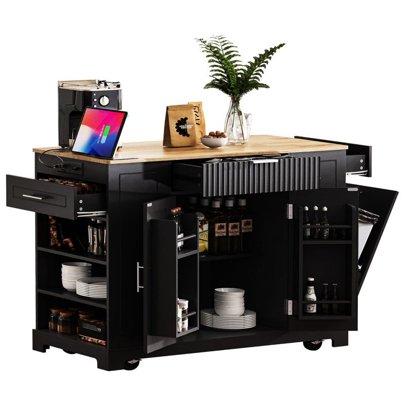 Luxury Kitchen Island With Trash Storage Cabinet, Built-In Power, 3 Drawers, Open Side , 5 Rolling Wheels, Black Classic Featuring Garbage Bin Holder, Power Outlet, Shelves, 5 Design,