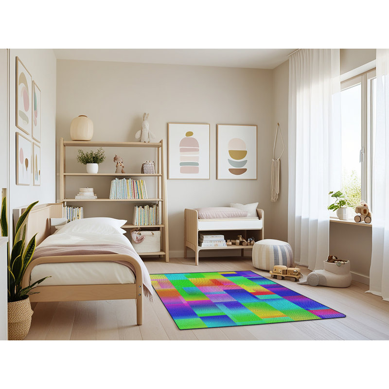 Tapis jaune/vert/rouge tissé à la machine, Rectangle 3 pi x 5 pi