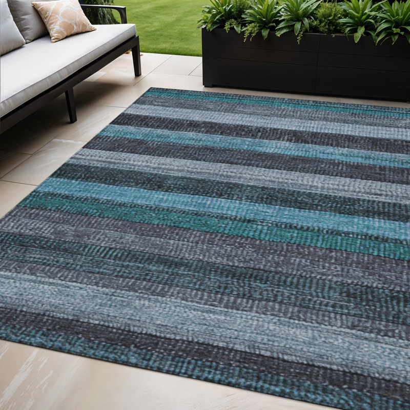 Tapis extérieur lavable rayé bleu sarcelle et gris 5 pi x 8 pi