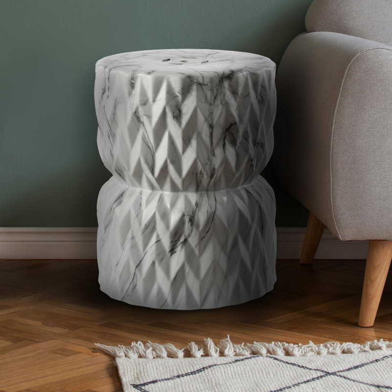 Chevron Drum 17.5" Traditional White Marble Finish Ceramic Drum Garden Stool, Pierced Indoor/Outdoor Patio Seat & Side Table