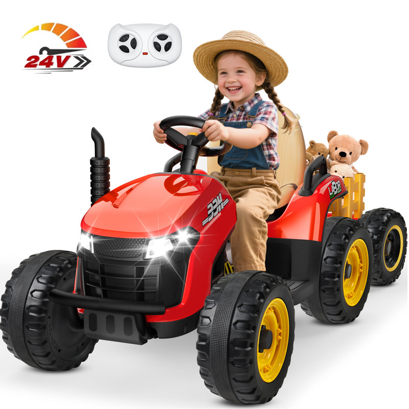 Tracteur pour enfant DEARAUTO 24V, Max 4,3Mph, pneus EVA, remorque basculante, télécommande, remorque amovible, tracteur