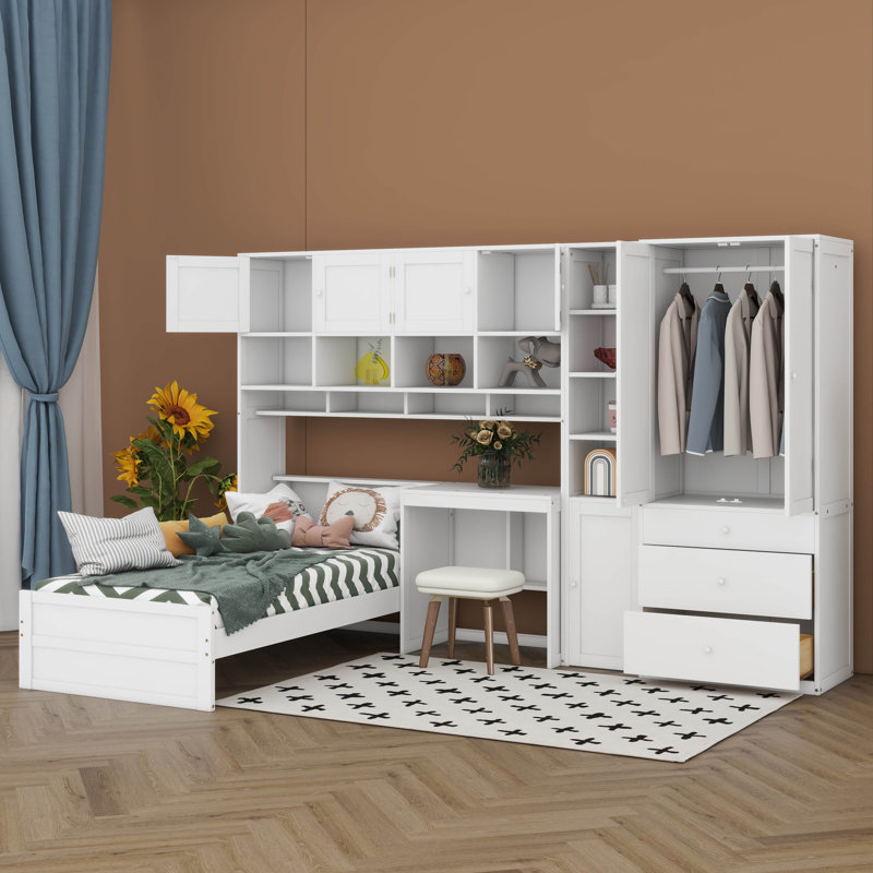 Lit plateforme simple avec tablettes de rangement, bureau et éclairage à DEL, lit plateforme en bois avec armoires, tiroirs et garde-robe