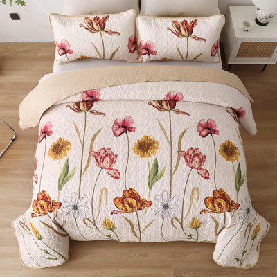 3 Pieces Floral Botanical Quilt Set Lightweight Farmhouse All-Season Bedding Coverlet Set