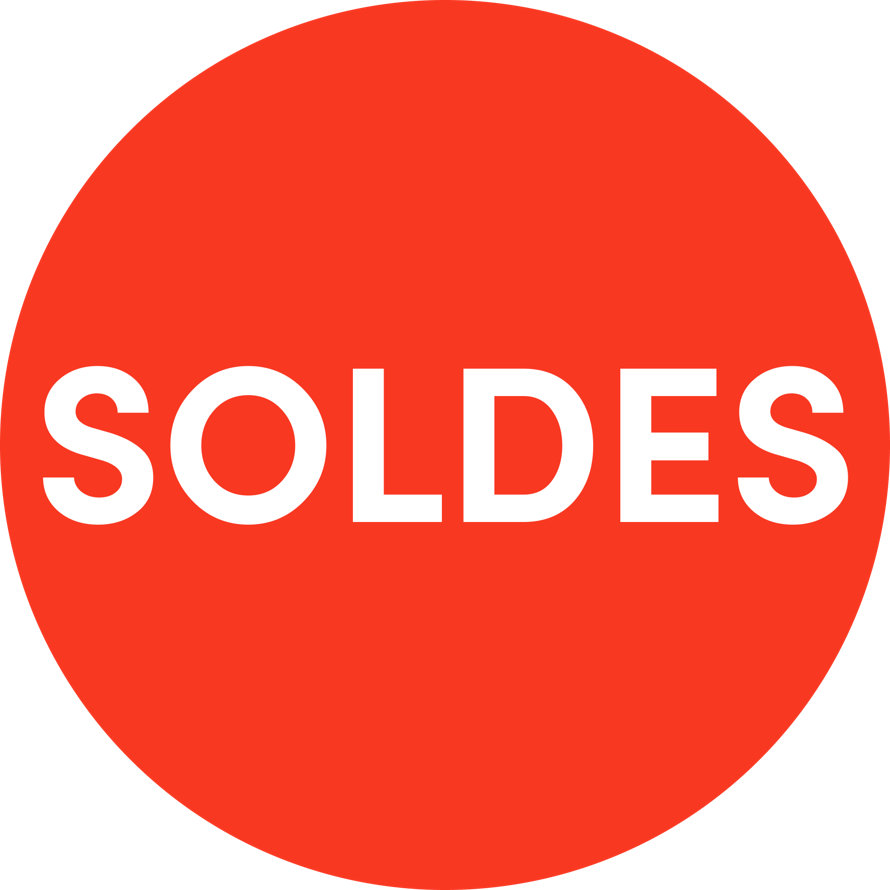 Un graphique circulaire rouge avec le mot SOLDES en lettres majuscules blanches et grasses.