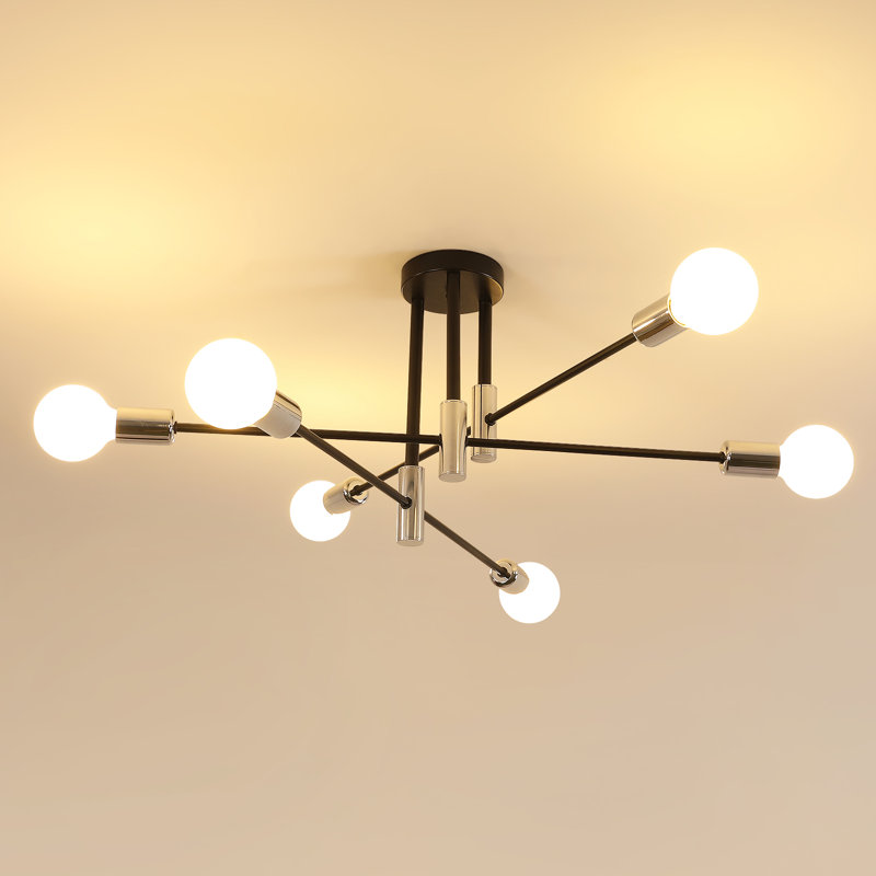 Modern 72cm 6-Light Sputnik Semi Flush Ceiling Light With Bulbs, Matte Black/Chrome