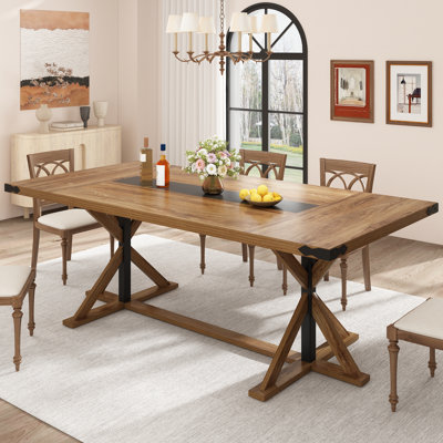 Dariusz Farmhouse Dining Table, Kitchen Rectangular Large Rustic Dinner Table, Adjustable Leg For Dining Living Room