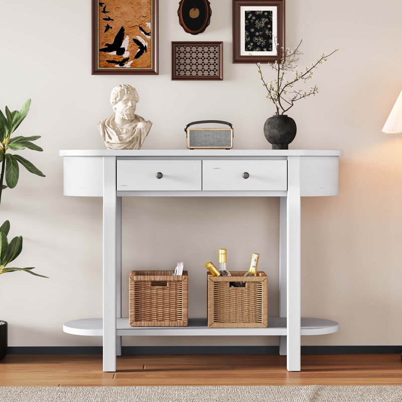 Elegant Retro Console Table With Curved Design & Smooth Glaze, Antique White