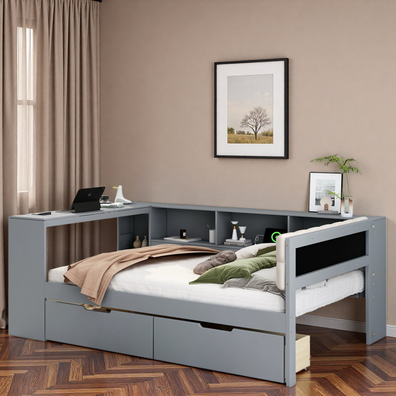 Lit plateforme avec tablettes de rangement, tiroirs, station de charge, bureau et tête de lit tapissier, Gris, Double