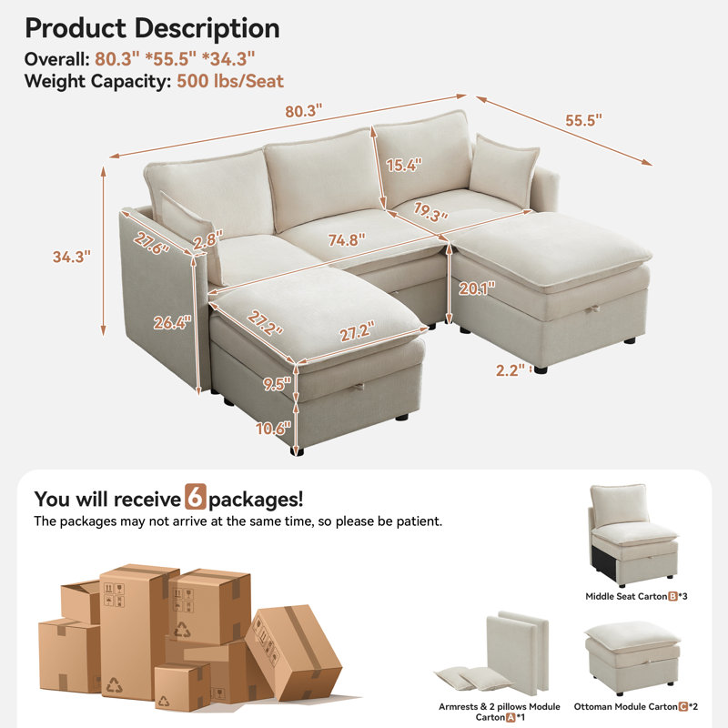 Canapé modulaire en U 80,3 po avec rangement, Beige,  H 34,3 po x l 80,3 po x P 55,5 po