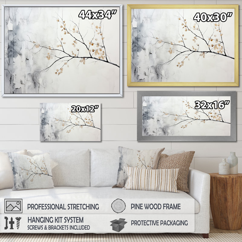 Arbre de minimalisme gris bouleau I sur toile, H 34 po x l 44 po x P 1,5 po, Toile tendue