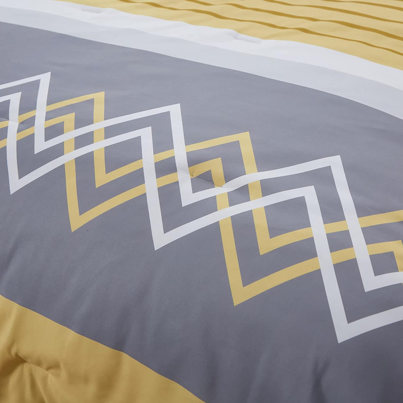 6-Piece Queen Size Geometric Comforter Set, Modern Chevron Yellow & Grey Bed in a Bag, All-Season Microfiber Bedding with Sheets and Pillow Shams