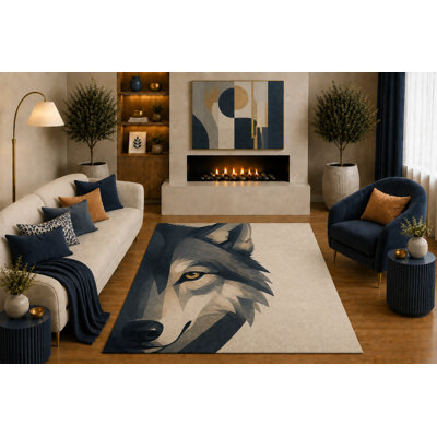 Tapis ultra-léger 152 x 213 cm (5 pi x 7 pi) à motif loup, style géométrique moderne, idéal pour le salon, la chambre, le bureau, un chalet ou un gîte. Dos en silicone antidérapant. Poils courts.