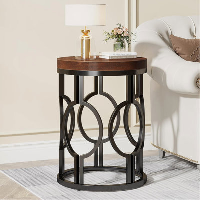 Table d'appoint ronde industrielle de 20 po avec structure ajourée en métal, table de chevet rustique pour la chambre à coucher ou le salon, petite table d'appoint avec plateau en bois, assemblage facile - brun